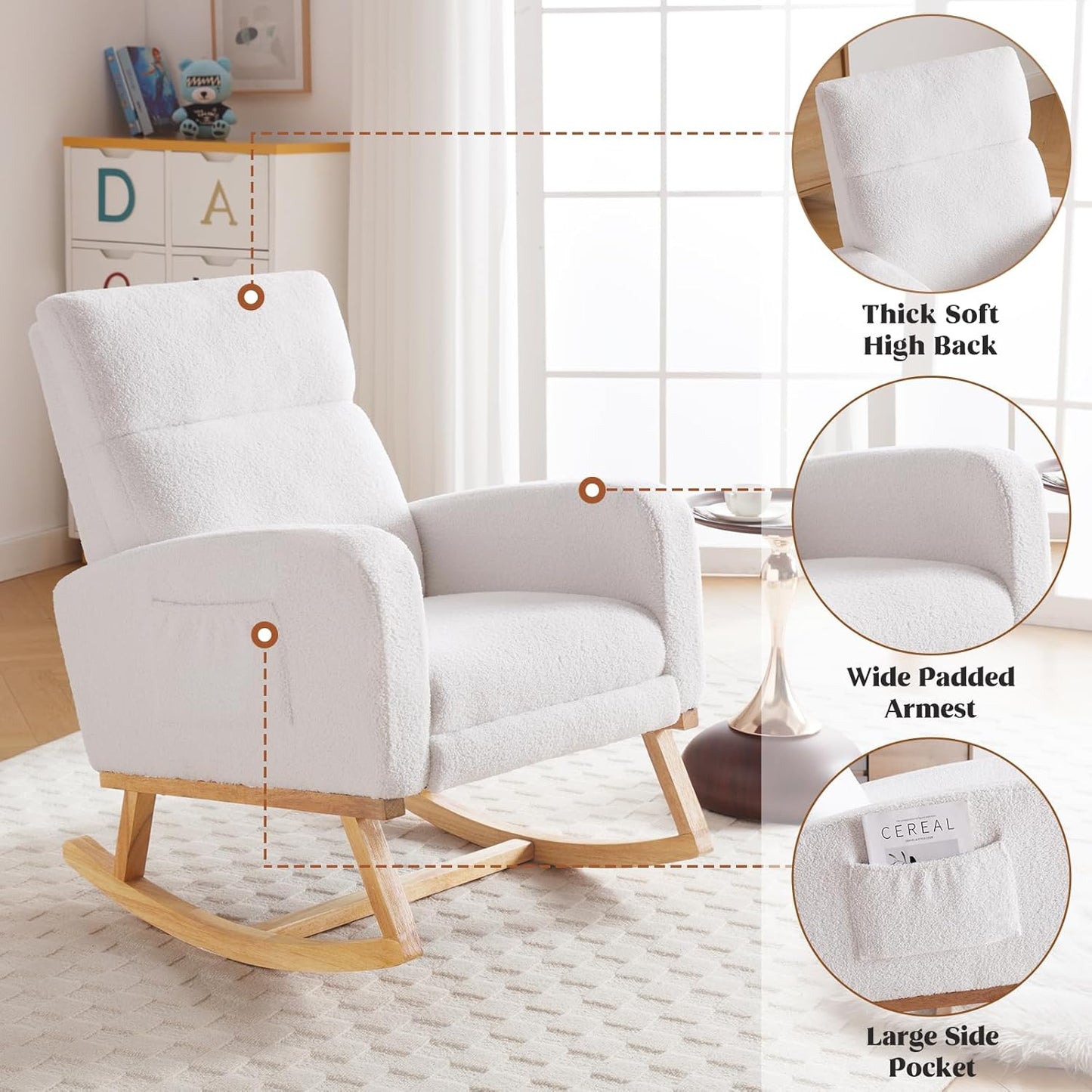 HCHAIRH Rocking Chair Nursery, Nursing Rocking Chairs with Foot Rest for Mom Nursery, Glider Rocker Chair with Footrest and High Backrest for Living Room, Bedroom, Beige