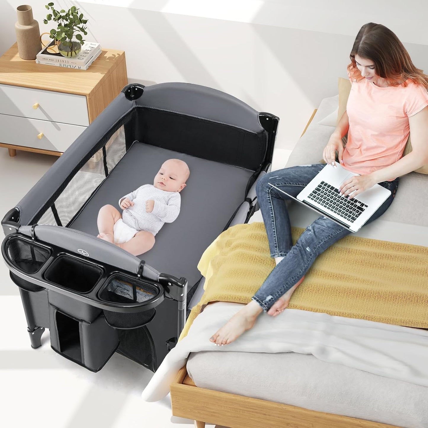 INFANS Baby Bassinet, 4 in 1 Nursery Center Pack and Play Baby Playard with Changing Table, Mosquito Net, Storage Basket, Travel Bag for Newborn 0-36 Months (Gray)