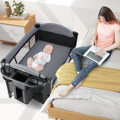 INFANS Baby Bassinet, 4 in 1 Nursery Center Pack and Play Baby Playard with Changing Table, Mosquito Net, Storage Basket, Travel Bag for Newborn 0-36 Months (Gray)