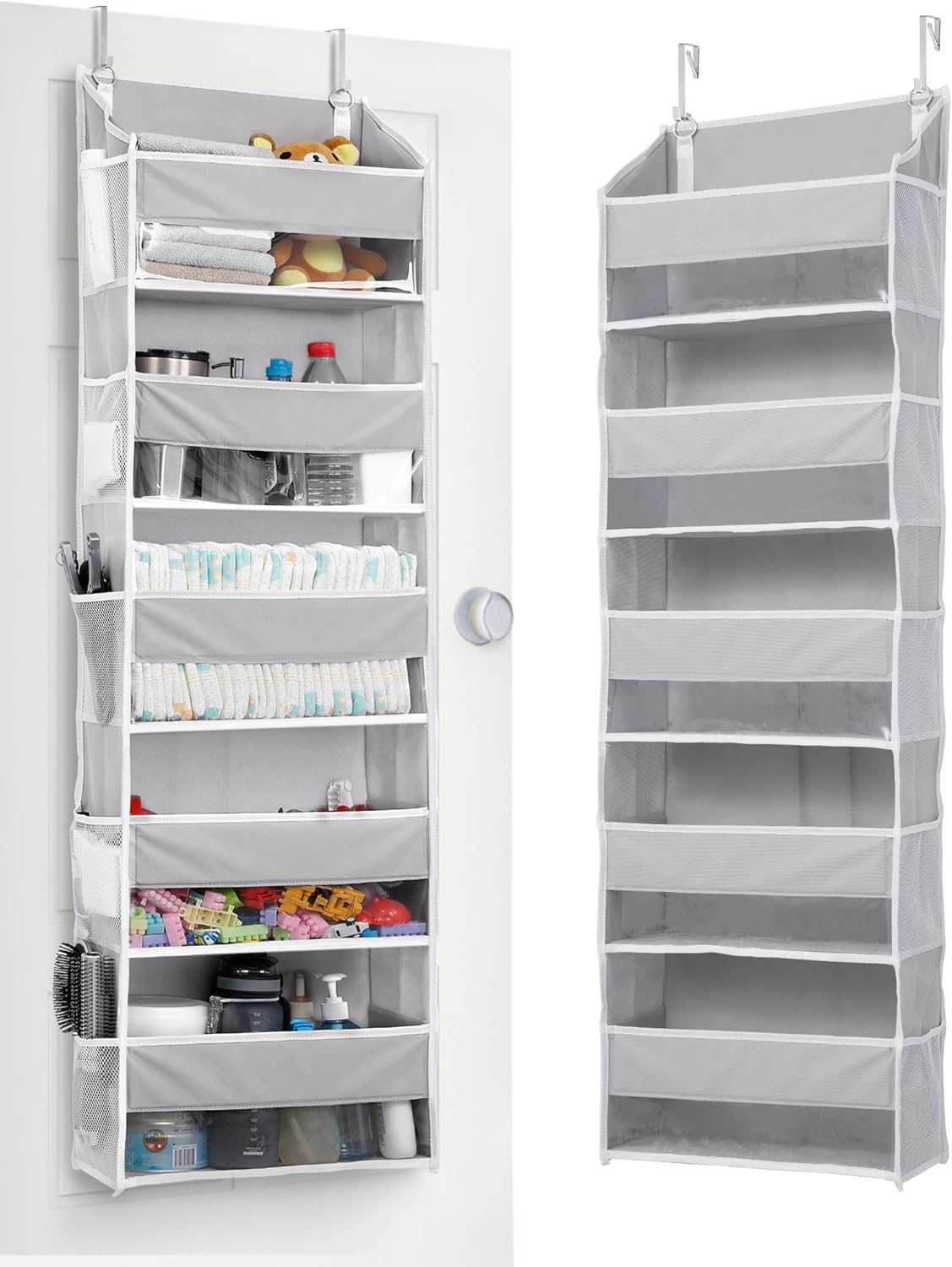 ULG 1 Pack Over Door Organizer with 5 Large and 10 Mesh Side Pockets, 44 lbs Weight Capacity Hanging Storage with Clear Window Kids Toys, Shoes, Diapers, Dark Grey, 5 Layers