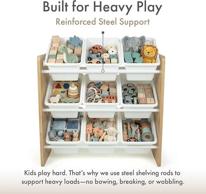 Humble Crew 9-Bin Toy Organizer – Journey Natural Wood with White Plastic Bins, 3-Tier Storage Solution for Kids' Playrooms and Nurseries