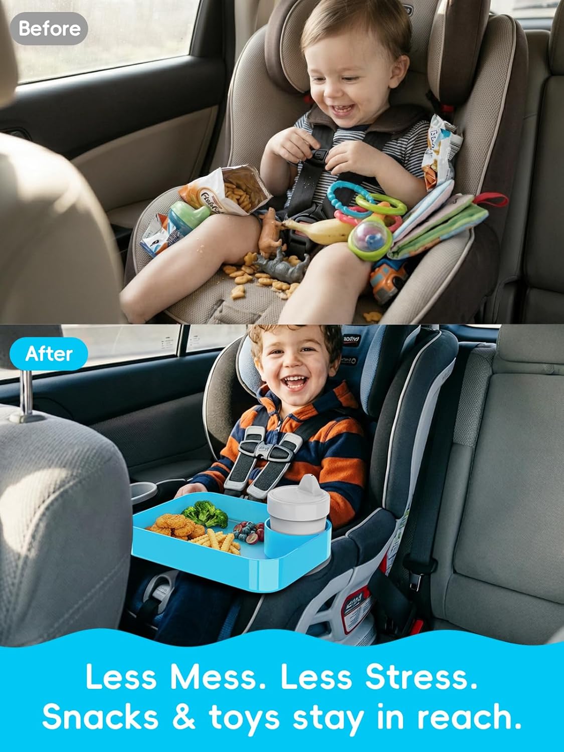 Car Seat Cup Holder Snack Tray for Kids, Reduces Mess, Detachable Large Base & Adjustable Ring, Carseat Tray for Toddler, Car Seat Food Tray Table for Kid Travel Road Trip Essentials -Light Gray