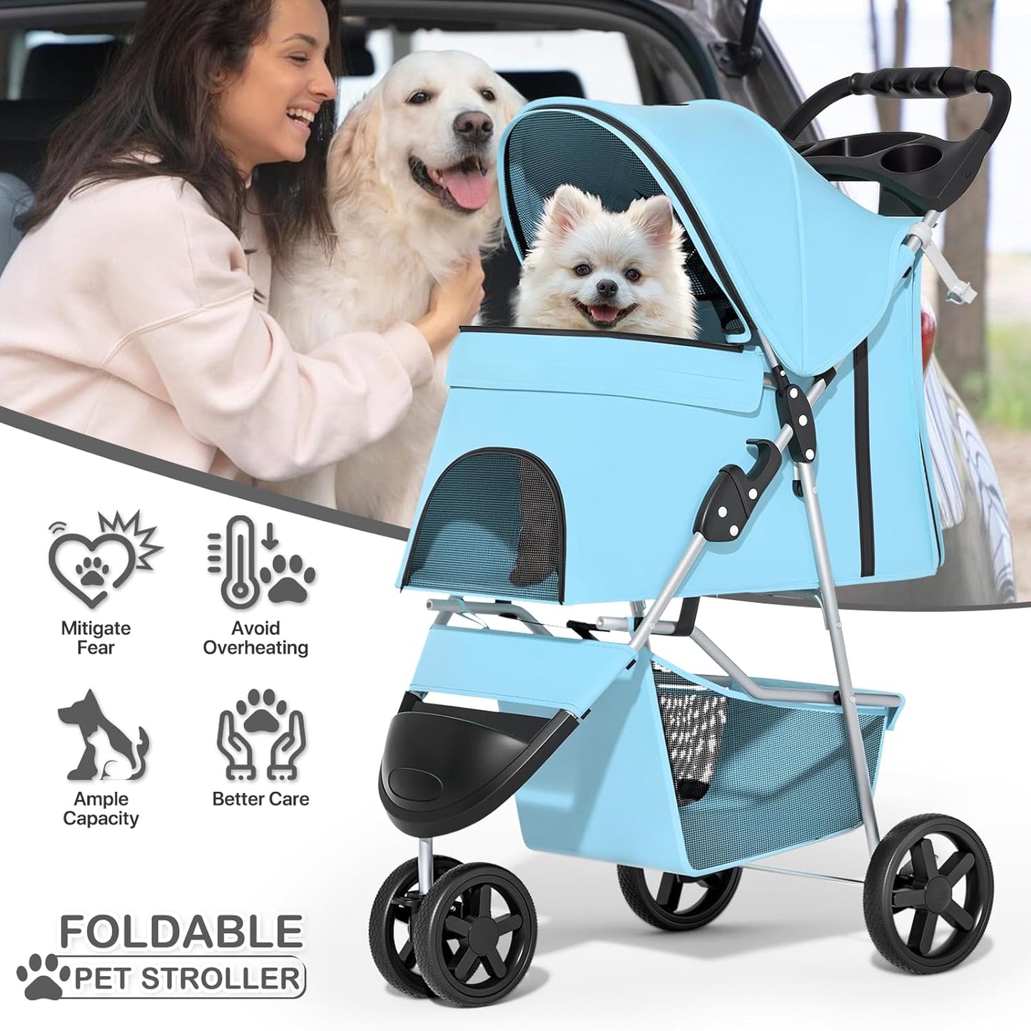 MoNiBloom Foldable Pet Stroller with Weather Cover, 3 Wheels Pet Strolling Cart for Small/Medium Dogs and Cats with Storage Basket and Cup Holder, Breathable and Visible Mesh for All-Season, Black