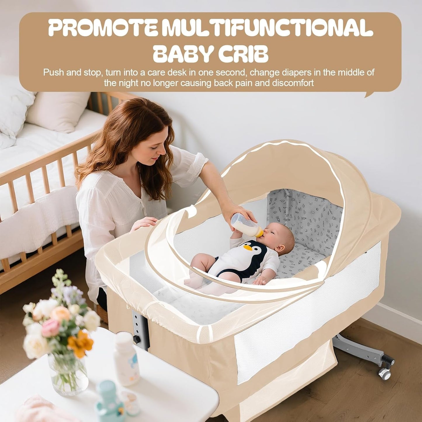 Baby Bedside Sleeper Bassinet with Changing Table, 39.4x23.6in, Portable, 6-Height Adjustable, 4-in-1 Iron Frame, Silent Wheels & Brakes, Breathable Mesh, Grey, for 0-24 Months