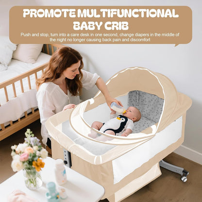 Baby Bedside Sleeper Bassinet with Changing Table, 39.4x23.6in, Portable, 6-Height Adjustable, 4-in-1 Iron Frame, Silent Wheels & Brakes, Breathable Mesh, Grey, for 0-24 Months