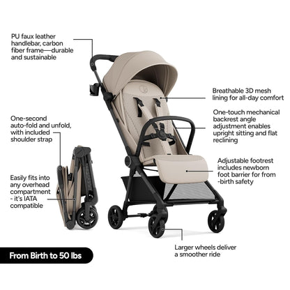 Mompush Nexis Carbon Travel Stroller, Ultra-Lightweight 11.5 lbs, Compact & Airplane Carry-On Approved, One-Second Auto-Fold, One-Hand Full Recline, from Birth to 50 lbs, JPMA Certified, Black