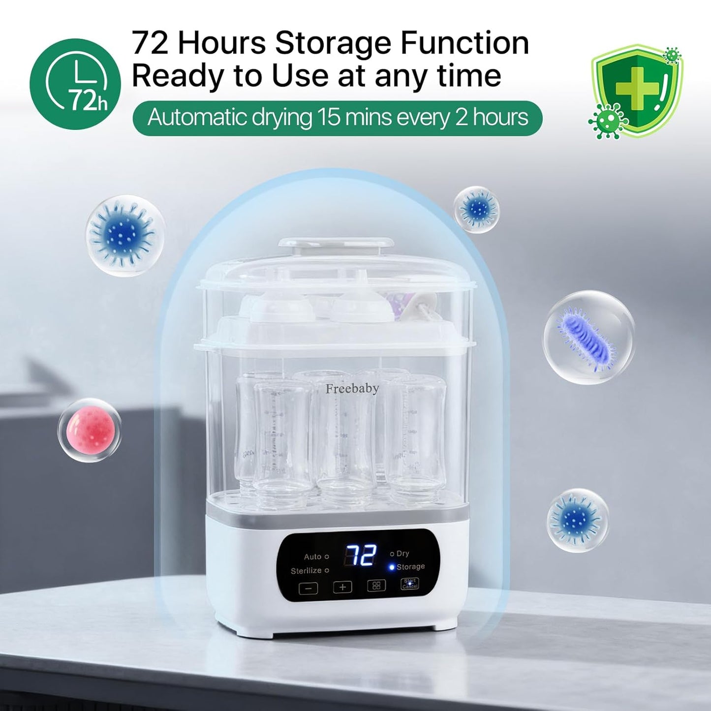 Freebaby Baby Bottle Sterilizer and Dryer,4 in 1 Electric Steam Sanitizer and Dryer for All Baby Bottle,Bottle Sanitizer for Pacifiers&Breast Pump Accessories,8 Bottles Capacity