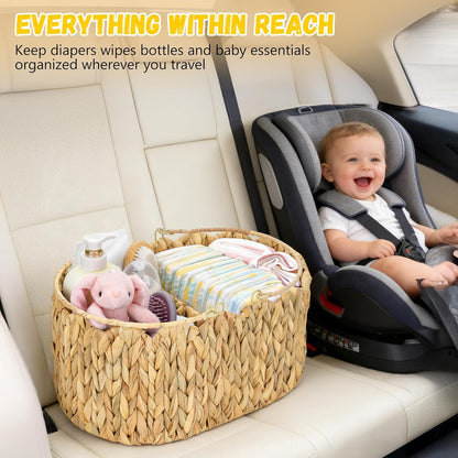 Large Baby Diaper Caddy Organizer, Portable Wicker Water Hyacinth Storage Basket with Handles and Divided Sections, Nursery Tray for Diapers Baby Essentials, Baby Shower Gifts