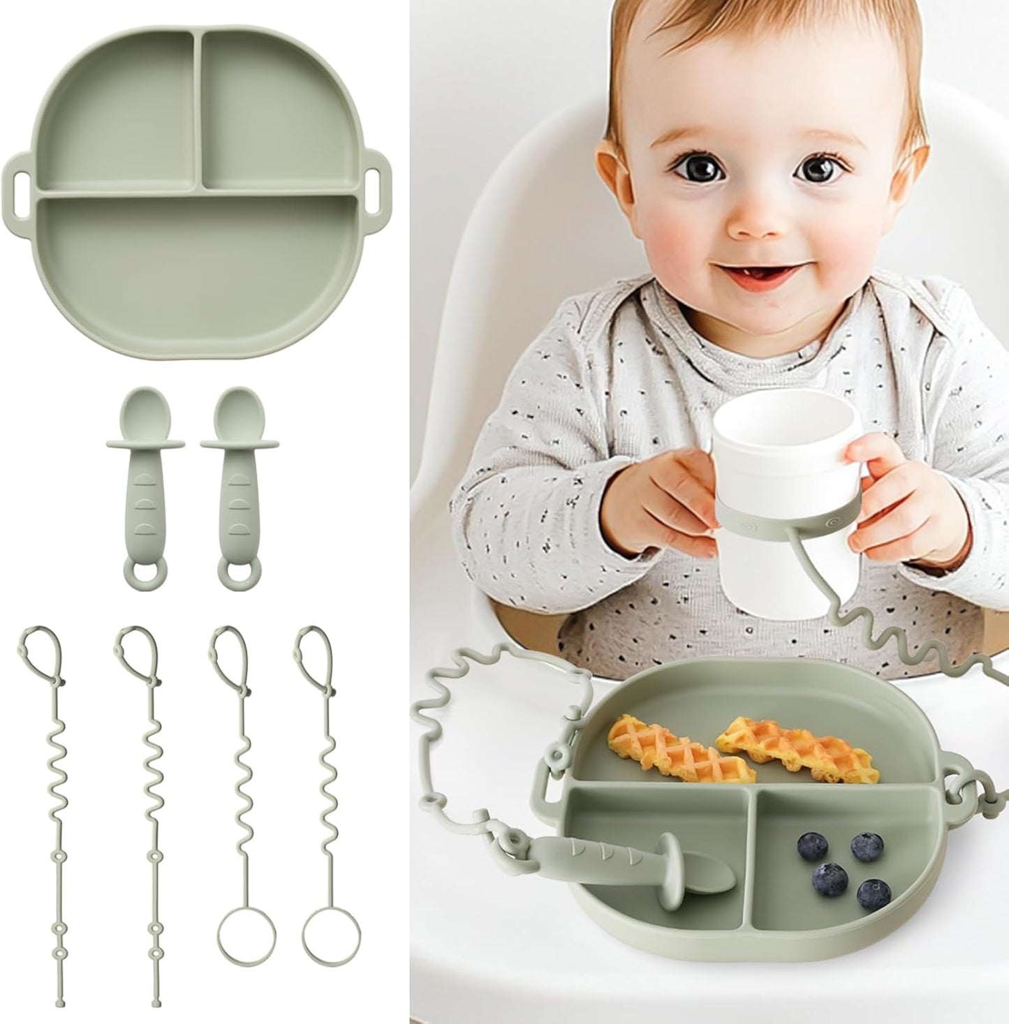 Baby Feeding Set with Silicone Divided Plate, Toy Straps, Spoon Tether, Cup Holder Strap, Anti Drop Toddler Mealtime Set for Baby Led Weaning-Blush