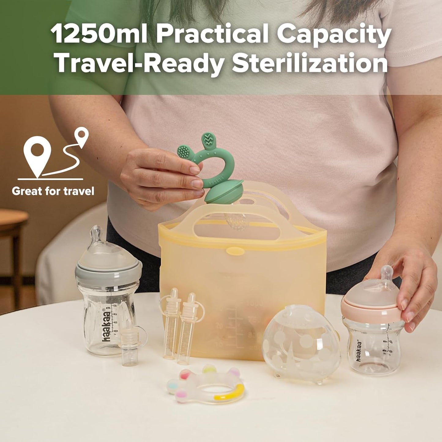 Haakaa On-The-Go Silicone Microwave Steam Sterilizer Bags for Travel, 40oz/1250ml Reusable Silicone Steaming Bags for Baby Bottles, Breast Pump, Accessories, Pacifiers, Teethers,Grey/1PC