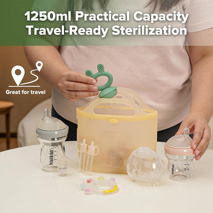 Haakaa On-The-Go Silicone Microwave Steam Sterilizer Bags for Travel, 40oz/1250ml Reusable Silicone Steaming Bags for Baby Bottles, Breast Pump, Accessories, Pacifiers, Teethers,Grey/1PC