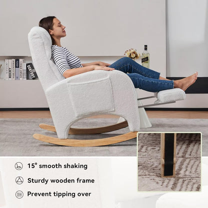 FOXHUNTER Rocking Chair Nursery, Modern Glider Chair with Adjustable Footrest and Solid Wood Legs, High Backrest Nursery Chair with Side Pocket, Rocker Armchair for Living Room Bedroom, Teddy Ivory