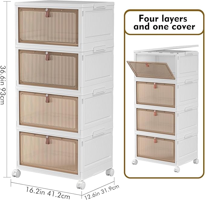 YFXCVSL 4 Tier Plastic Storage Bins with Lid 28QT - Stackable Storage Containers with Wheels, Folding Storage Boxes, Collapsible Storage Bins, Organizers and Storage