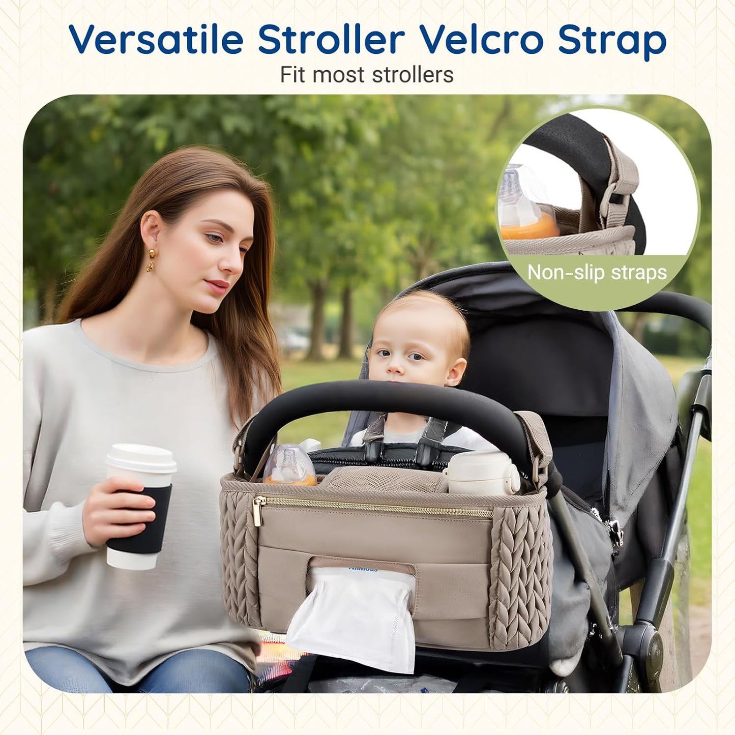 mommore Stroller Organizer with Insulated Cup Holders, Adjustable Stroller Caddy with Detachable Phone Bag, Stroller Accessories Fits for Uppababy, Doona, Jogger, Britax (Black)