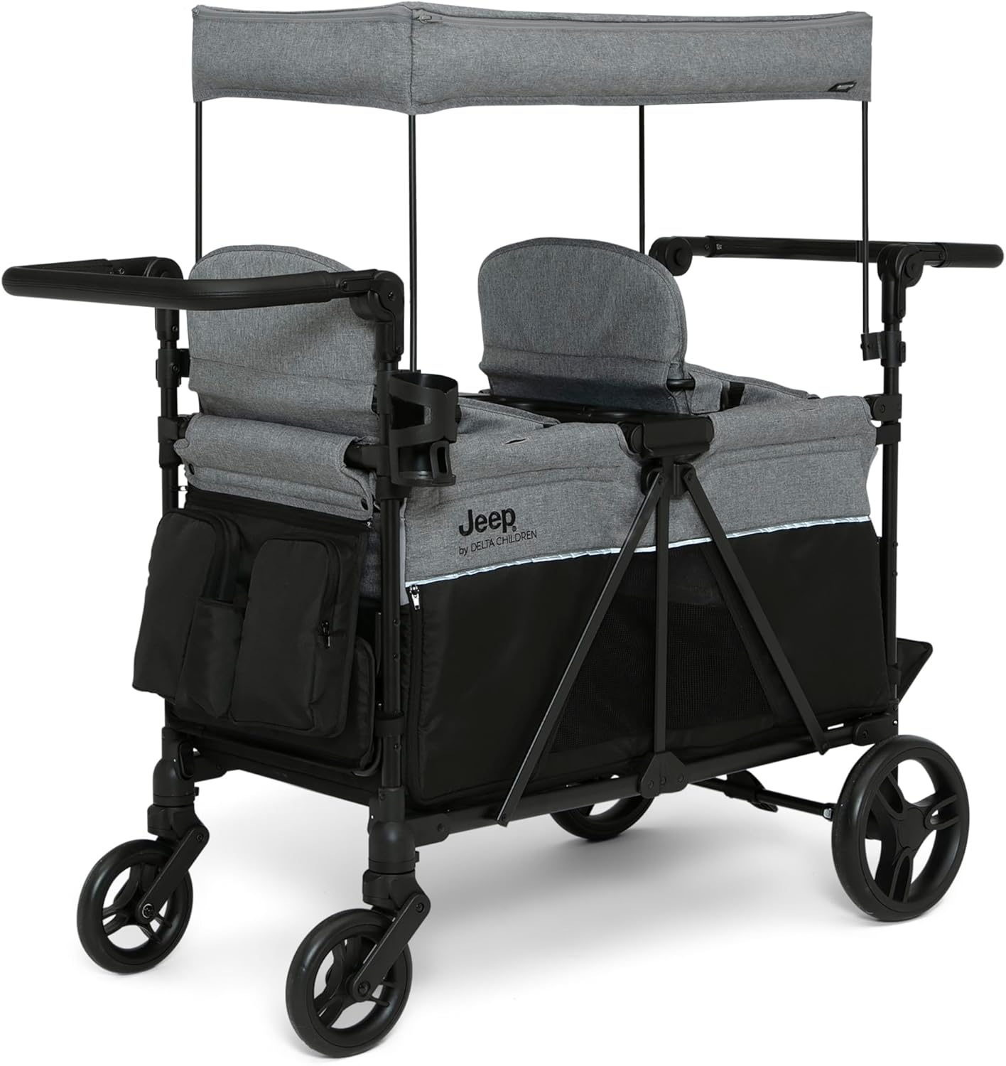 Jeep Aries Stroller Wagon by Delta Children Premium Wagon for 2 Kids with Convertible Seats, Adjustable Push/Pull Handles, Removable Canopy & Flat Fold - Greenguard Gold Certified, Black/Green