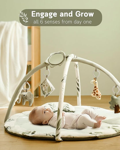 Fortella Baby Play Gym & Activity Mat, Machine Washable & Foldable Tummy Time Mat with 5 Detachable Toys, Certified Safe Newborn Essentials Gift for Baby Registry 0-12 Months (Sage Green)