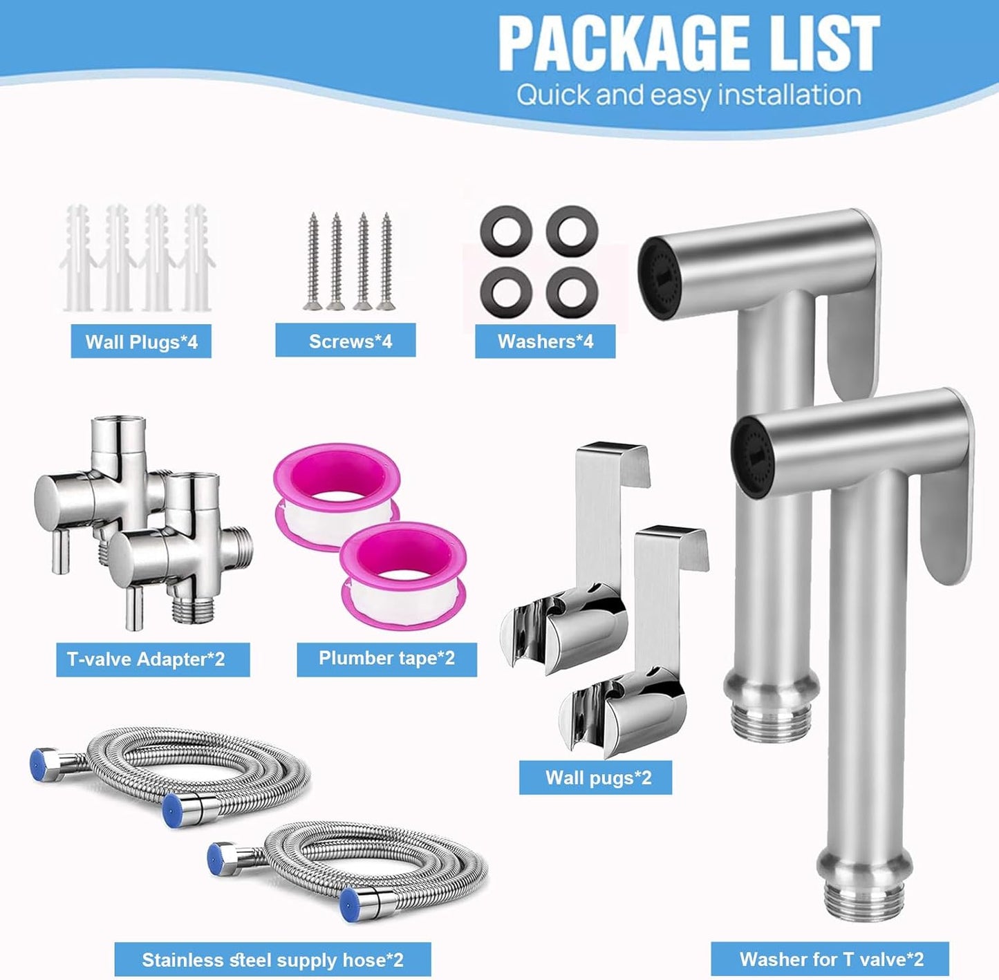 2 Pack Handheld Toilet Bidet Sprayer, Adjustable Water Pressure Stainless Steel Jet Spray Attachment with Hose for Feminine Wash, Cloth Diaper, Pet Shower, Bathroom Cleaning