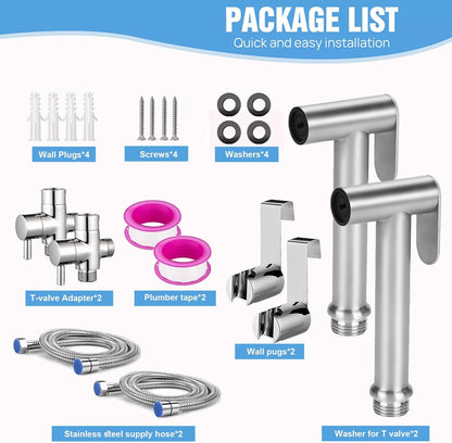 2 Pack Handheld Toilet Bidet Sprayer, Adjustable Water Pressure Stainless Steel Jet Spray Attachment with Hose for Feminine Wash, Cloth Diaper, Pet Shower, Bathroom Cleaning