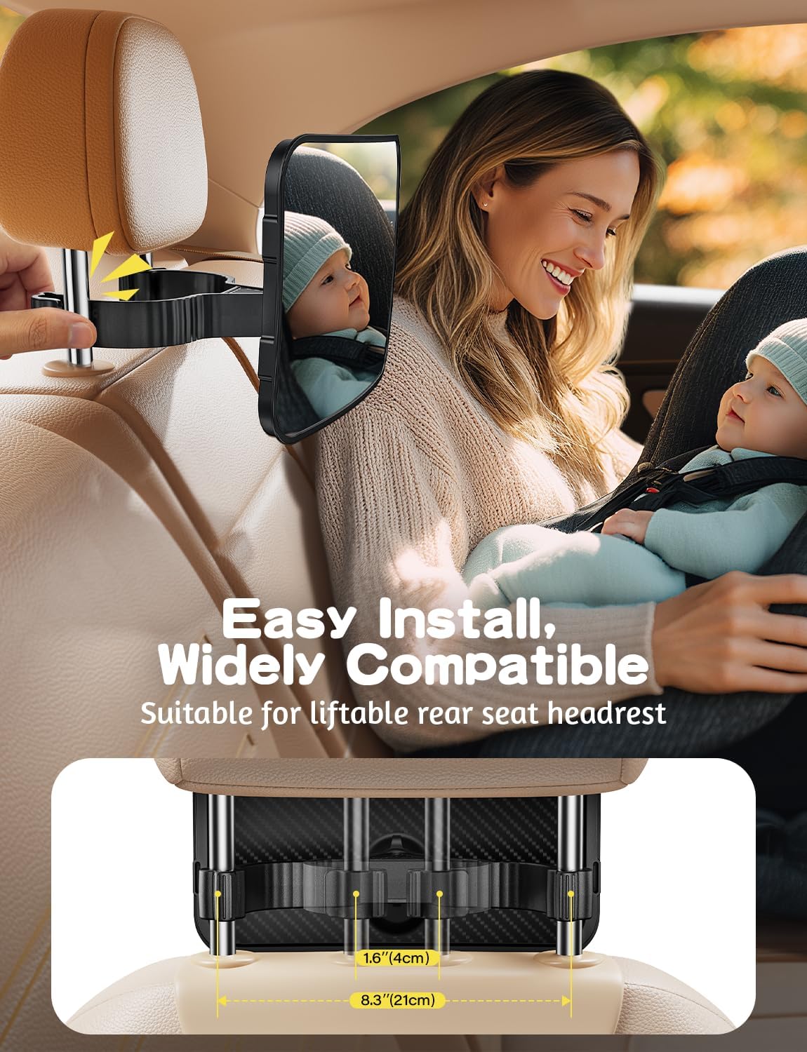 TAZENI Baby Car Mirror Hook Design Ultra Stable Car Seat Mirror for Baby Rear Facing Secure and Shatterproof CarSeat Mirrors 360° Clear View Newborn Essential Accessories