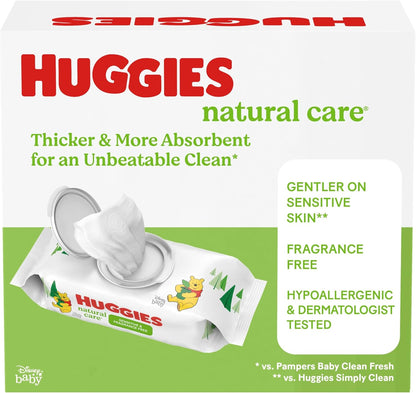 Huggies Natural Care Sensitive Baby Wipes, Unscented, Hypoallergenic, 99% Purified Water, 12 Flip-Top Packs (768 Wipes Total), Packaging May Vary