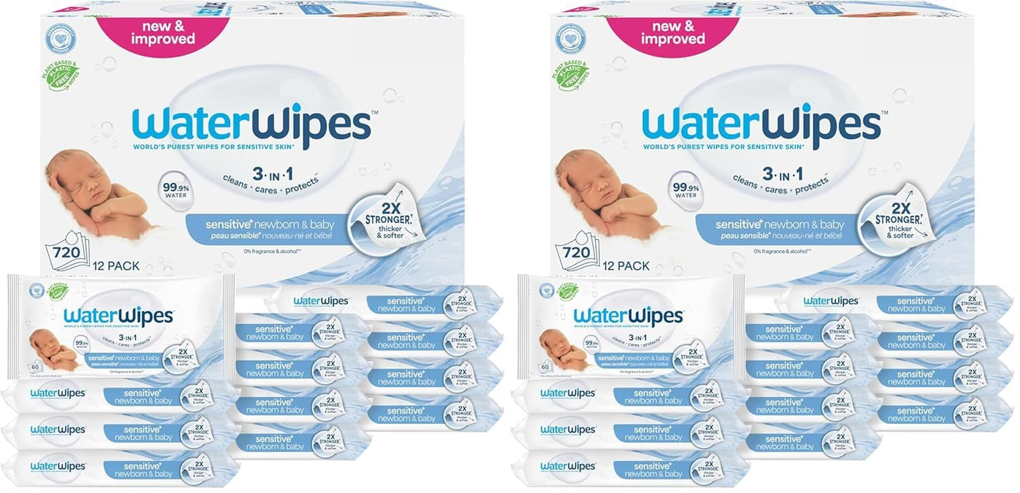 WaterWipes Sensitive+ Newborn & Baby Wipes, 3-In-1 Cleans, Cares, Protects, 99.9% Water, Unscented & Hypoallergenic, 720 Count (12 Packs)