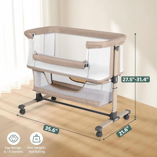 Cowiewie Bassinet Bedside Sleeper, Portable, Breathable, Adjustable Baby Bedside Bassinet for Peaceful Nights, Light Grey