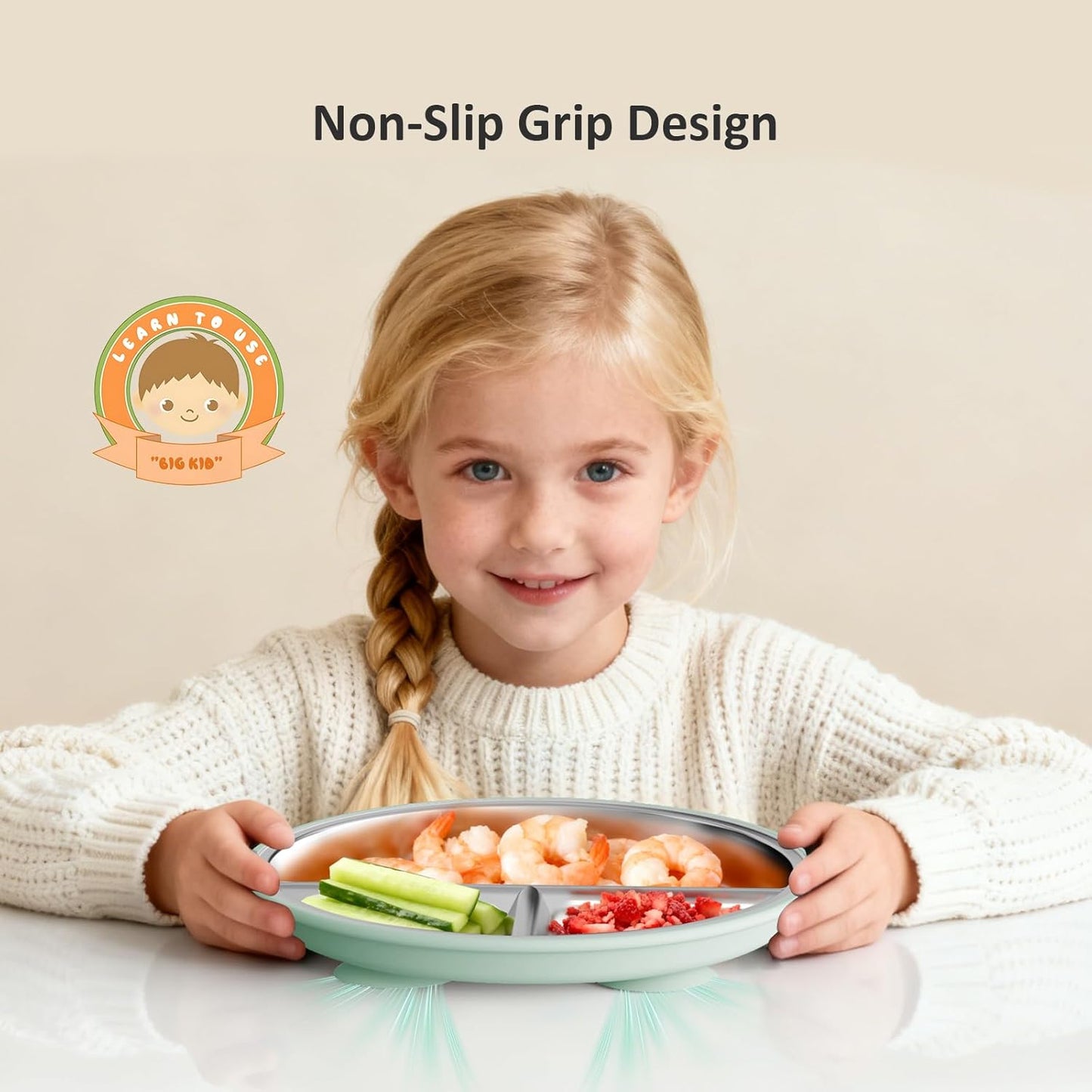 Bakpoco Stainless Steel Toddler Plate with Suction, 9” Divided Plates with Removable Silicone Sleeves for Kids, Non Toxic & BPA Free | Non Slip | Unbreakable Baby Snack Dishes Set of 2, Blue & Gray