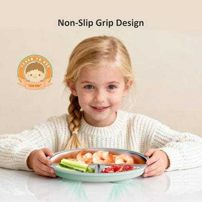 Bakpoco Stainless Steel Toddler Plate with Suction, 9” Divided Plates with Removable Silicone Sleeves for Kids, Non Toxic & BPA Free | Non Slip | Unbreakable Baby Snack Dishes Set of 2, Blue & Gray