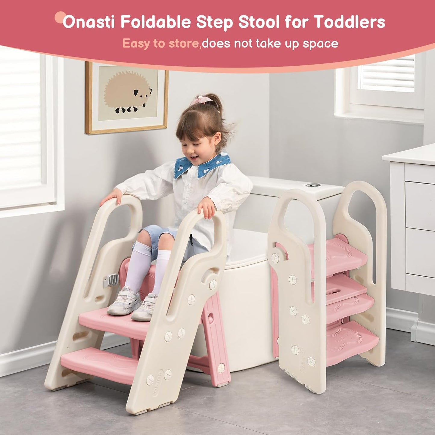 Onasti Foldable Toddler Step Stool for Bathroom Sink, Adjustable 3 Step Stool for Kids Toilet Potty Training Stool with Handles, Child Kitchen Counter Stool Helper, Plastic Ladder for Toddlers Pink