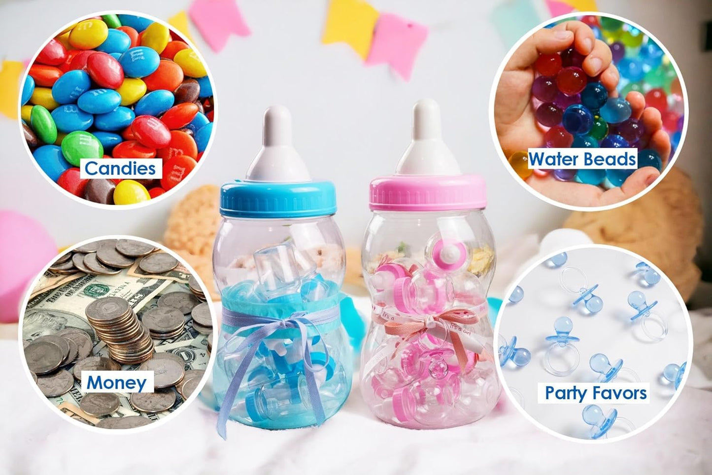 Evershine Plastic Baby Bottle Bank, 13" Blue Fillable Baby Shower Bank, Plastic Jumbo Baby Favor Bottle Centerpiece