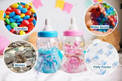 Evershine Plastic Baby Bottle Bank, 13" Blue Fillable Baby Shower Bank, Plastic Jumbo Baby Favor Bottle Centerpiece