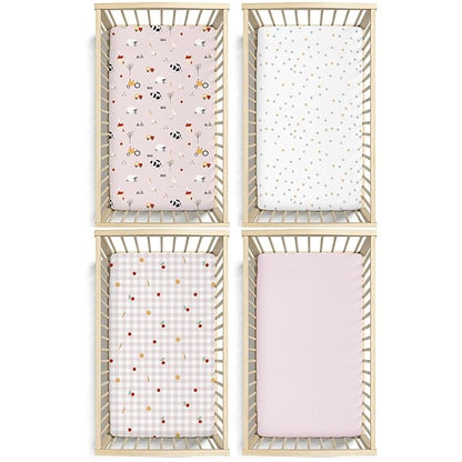 Plushii 4 Pack Fitted Crib Sheets for Baby Girls, 28"x 52" Extra Soft Microfiber Crib Sheet Set for Standard Crib & Toddler Mattress Pad,Pink Sheep