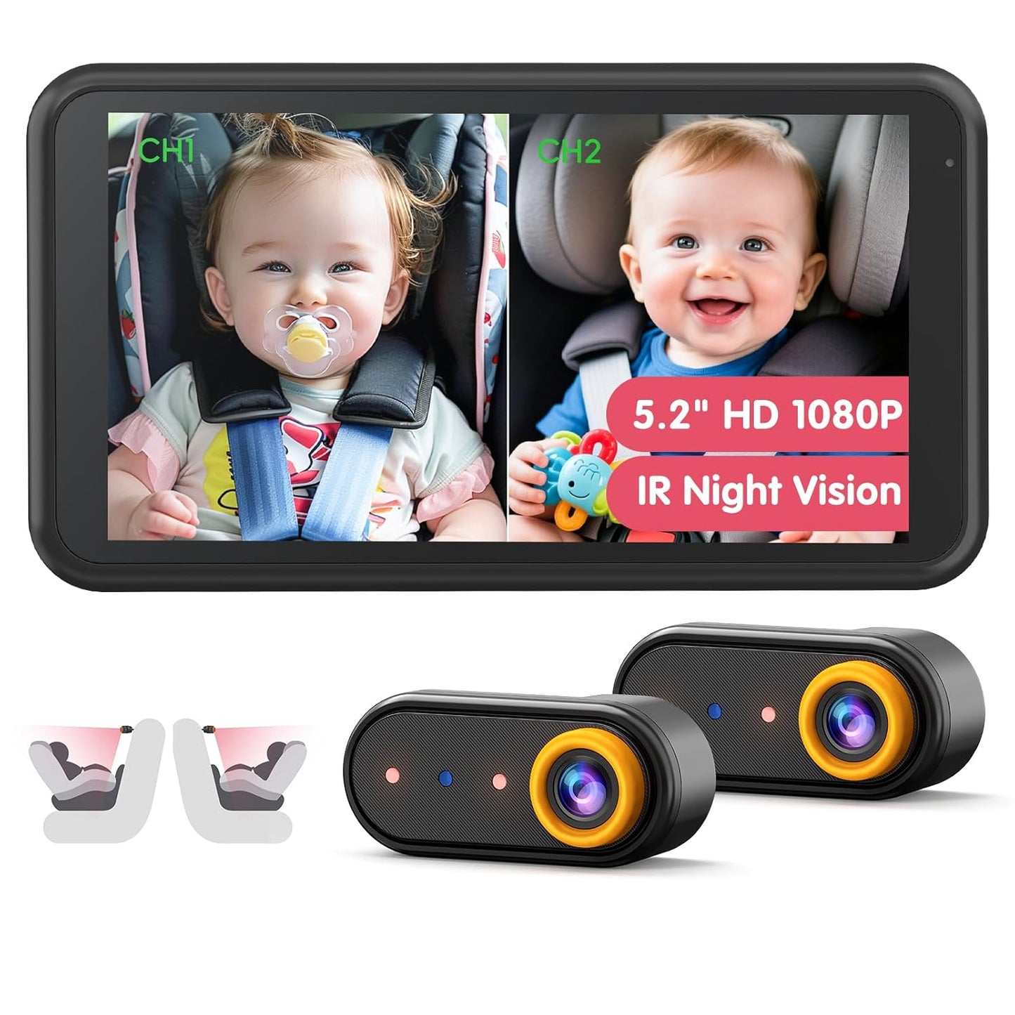 LUCKVIEW BM2 PRO Dual Baby Car Camera, 5.2" 1080P HD Display for Rear-Facing Car Seats, IR Night Vision, Anti-Shake Mount, Easy Install – Ideal for Parents with 2 Kids and Pets (Blue)