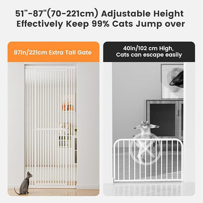 Gardner Pet 51"-87" Extra Tall Cat Gate for Doorway, Wide Adjustable 27.56"-37" Baby Gate Included 4 Extension Kits, Pressure Mounted Safety Full Door Gate for Stairs, Studio, Kitchen (White)