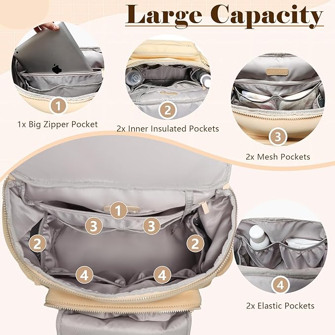 Diaper Bag Backpack, Neoprene Bag Backpack, Large Diaper Backpack with 16 Diaper Bag Organizers, 4 Insulated Pockets, Lighweight Travel Baby Bag with Changing Pad for Mom & Dad, Apricot
