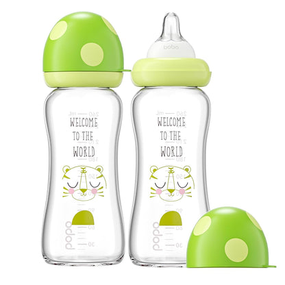 YOHKOH Natural Glass Baby Bottle with Level 1 Slow Flow Nipple, Newborn Anti-Colic Baby Bottles, Wide Neck Mushroom Baby Glass Bottle (Multicolour-A, 3.4oz (Pack of 4))
