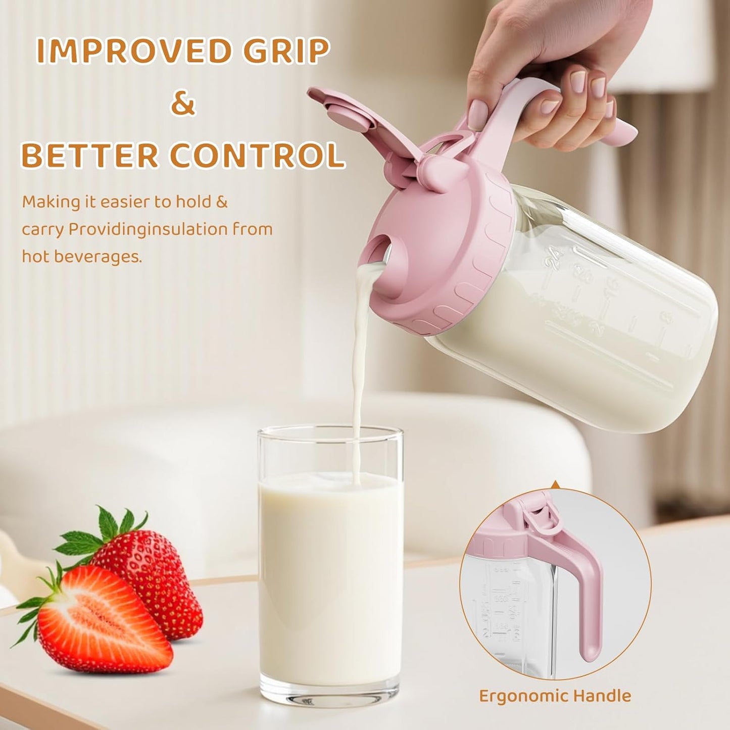 OneDream Breast Milk Pitcher 32oz Glass Pitcher with Lid, Formula Pitcher Leakproof Drip-Free Spout, Wide Mouth Mason Jar Pitcher for Easy Pouring, Dishwasher Safe Breastmilk Storage Pitcher