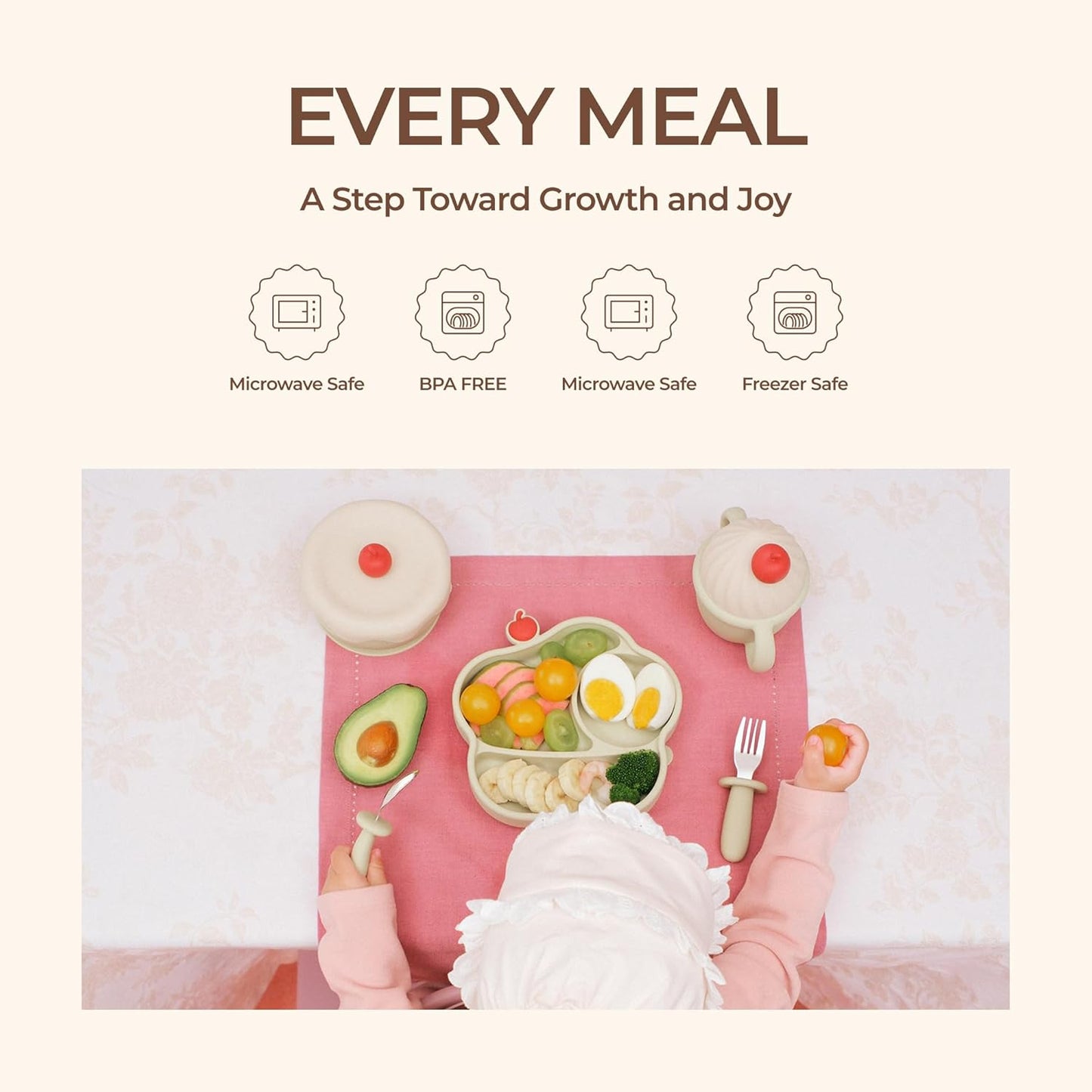 Silicone Baby Feeding Set, Gelato Collection Baby Led Weaning Supplies, First Self-Feeding Ice Cream Set, Silicone Suction Bowl with Cherry Lid & Plate, Straw Cup & Bib, Fork & Spoon - Pink