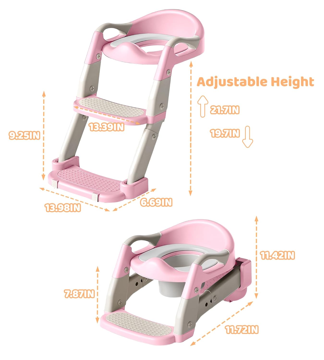2-in-1 Toddler Potty Training Toilet Seat with Step Stool Ladder – Adjustable Height Potty Chair Urinal for Baby Boys Girls Age 1-3, Foldable Training Potty with Splash Guard & Anti-Slip Feet, Grey