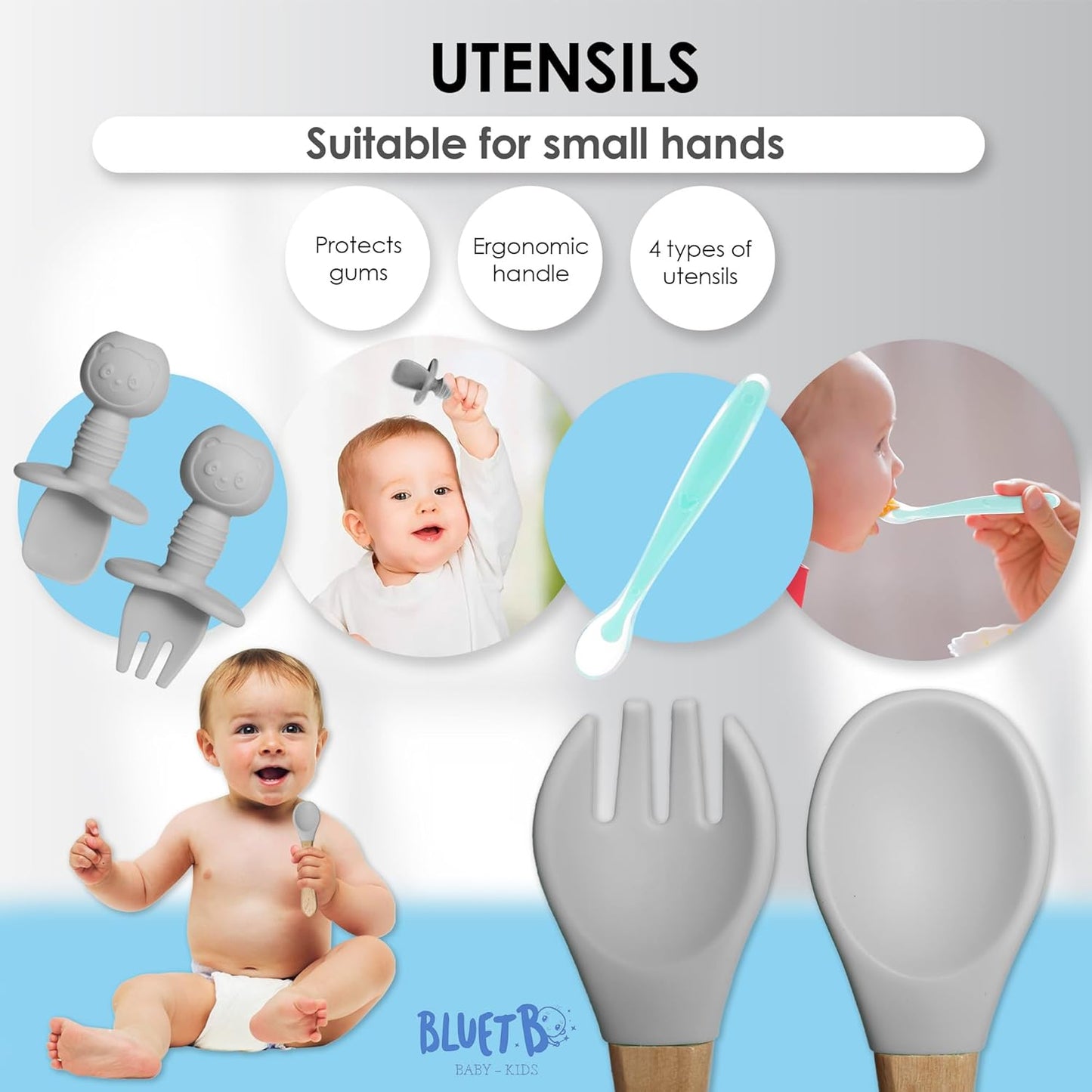 Bluet B- Silicone Baby Feeding Set with Pacifier - Baby Led Weaning Supplies - Baby Spoons, Suction Bowl - Plate - Baby Utensils Set - Silicone Feeding Set for Baby First Foods - 11pcs - Purple