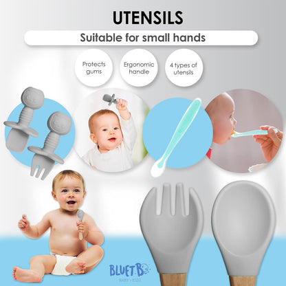 Bluet B- Silicone Baby Feeding Set with Pacifier - Baby Led Weaning Supplies - Baby Spoons, Suction Bowl - Plate - Baby Utensils Set - Silicone Feeding Set for Baby First Foods - 11pcs - Purple