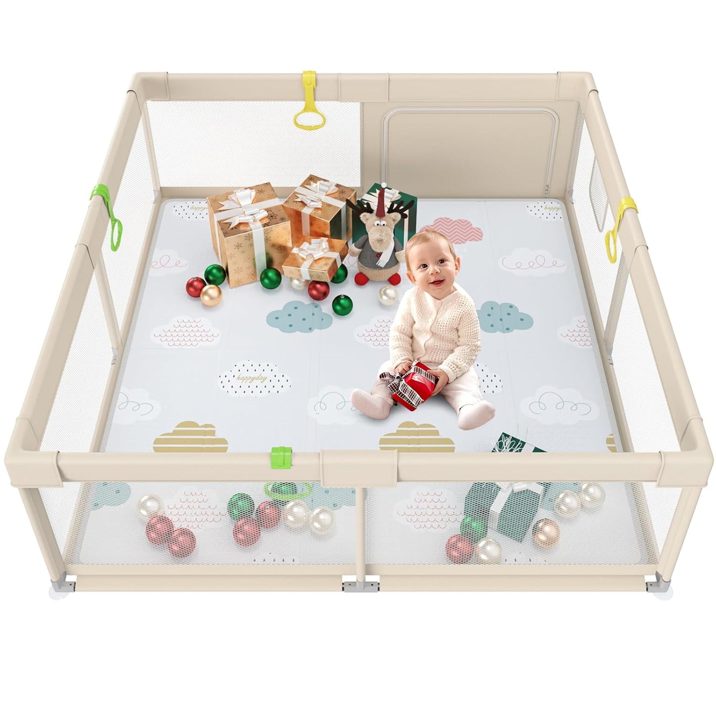 Fodoss Baby Playpen 50×50in, Small Play Pen for Babies and Toddlers, Playpen for Apartment, Play Yard, Activity Fence, Baby Playard with All-Side Mesh, Pull Rings