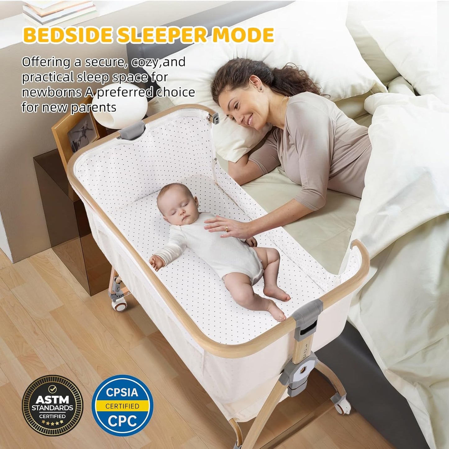 Bassinet Bedside Sleeper,Bedside Bassinet,Rocking Bassinet,3 in 1 Portable Bedside Crib with Mattress,Mobile,Mosquito Net,Storage Basket,6-Height Adjustable Baby Bassinet with Wheels for Newborn,Beige
