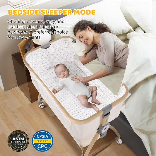 Bassinet Bedside Sleeper,Bedside Bassinet,Rocking Bassinet,3 in 1 Portable Bedside Crib with Mattress,Mobile,Mosquito Net,Storage Basket,6-Height Adjustable Baby Bassinet with Wheels for Newborn,Beige