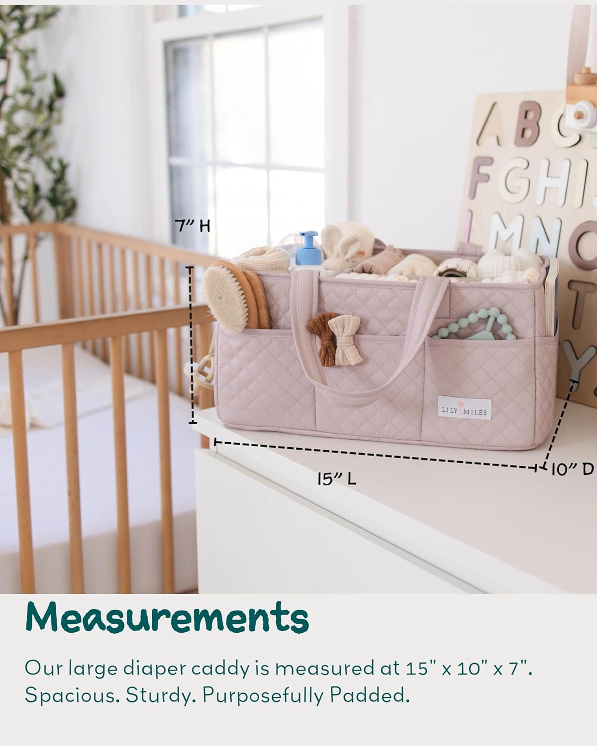 Lily Miles Baby Diaper Caddy Organizer, Quilted Nursery Storage Basket for Newborn Essentials and Diaper Changing Station, Gift for Baby Shower and Registry Must-Have (Willow Green)