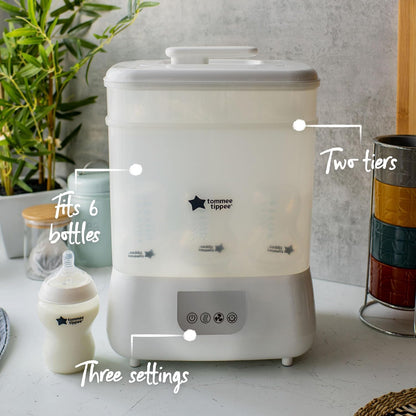 Tommee Tippee Steridryer Electric Steam Sterilizer and Dryer, White, for Baby Bottles and Feeding Accessories, Kills Viruses* and 99.9% of Harmful Microbes