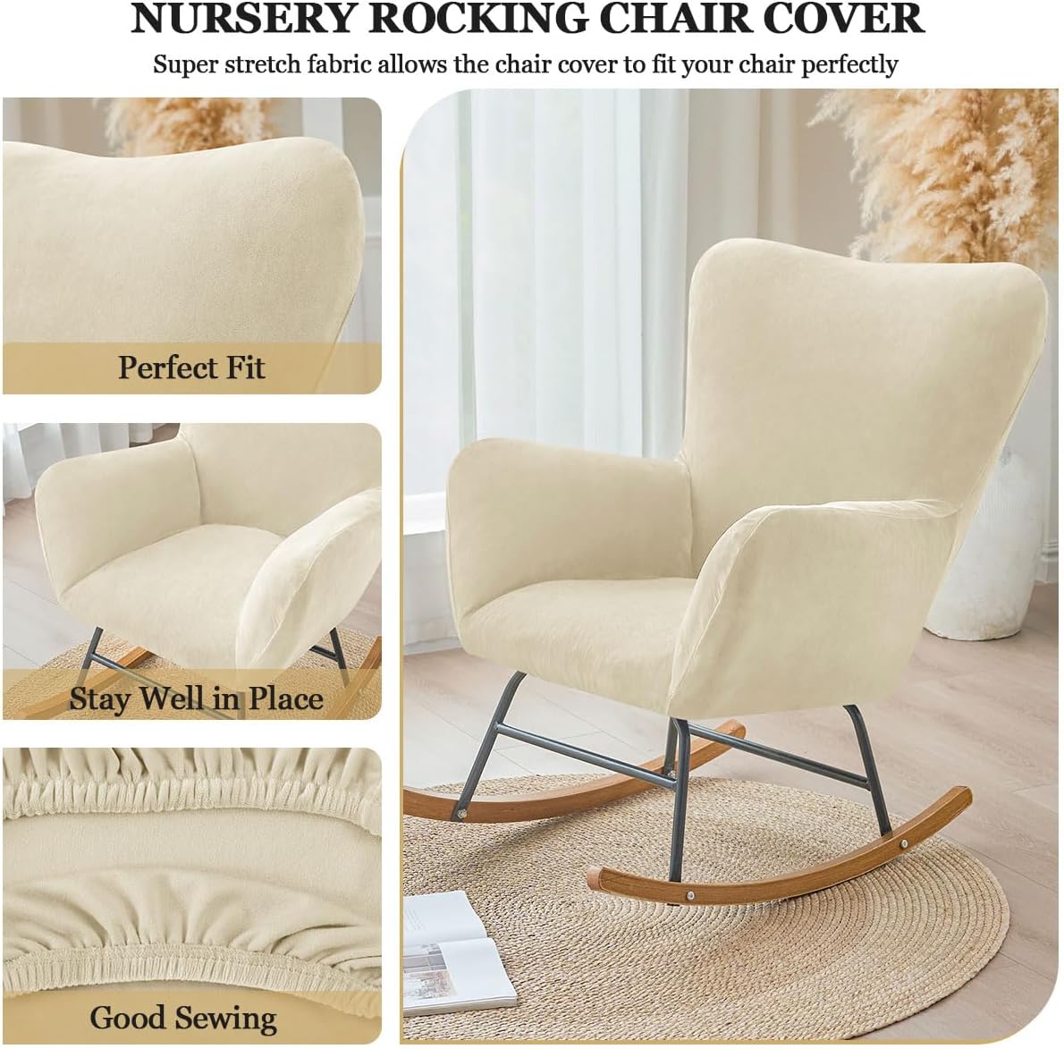 Levoberg Nursery Rocking Chair Cover Velvet Rocker Glider Chairs Cover Slipcovers Stretch Rocking Accent Chair Cover Recliner Armchair Slipcover for Nursery Living Room Bedroom Office Camel