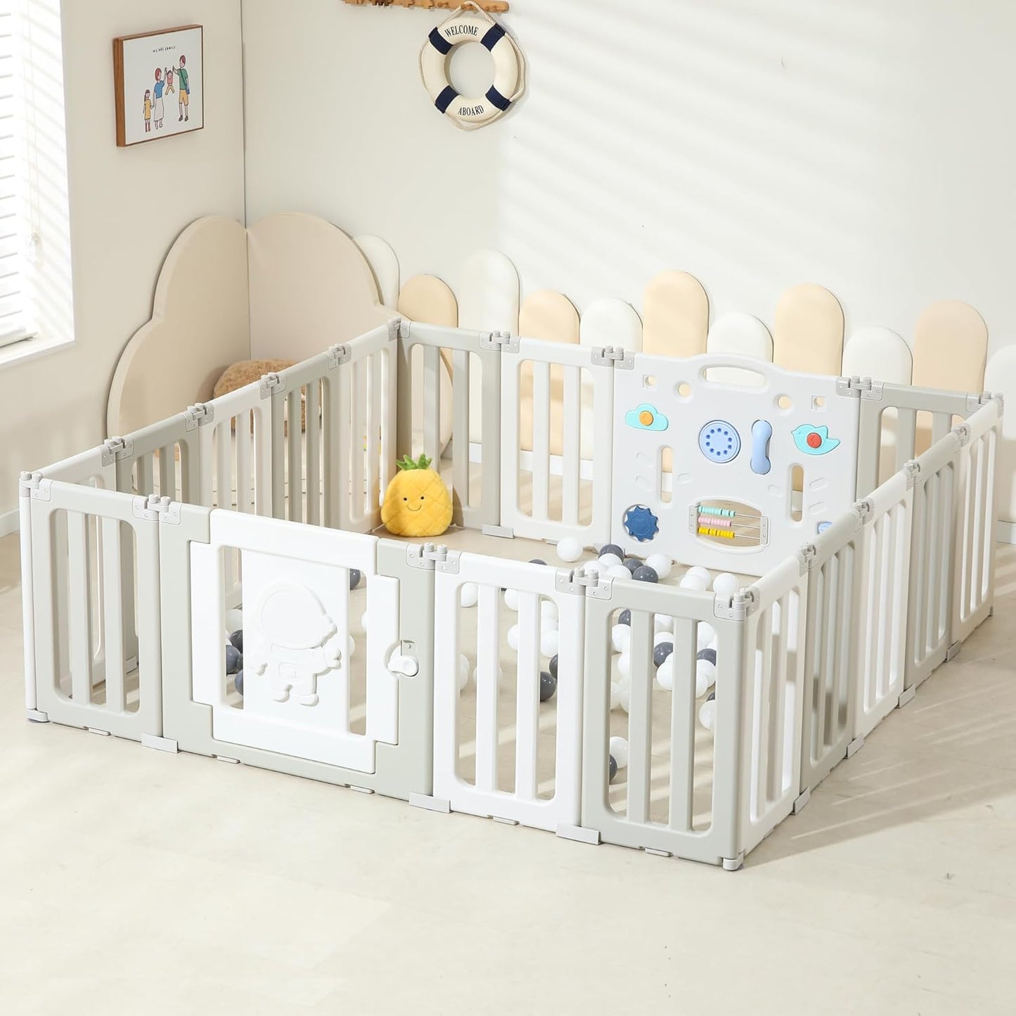 Bestgame Baby Play Pen, Foldable Play Pens for Babies and Toddlers, 14 Panels Extra Large Baby Playpen, Astronauts Portable Fence, Kids Gate Playpen Yard - Grey