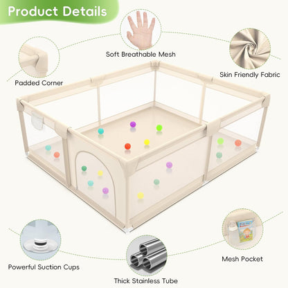 Baby Playpen with Mat 79x71inch - Extra Large Play Pen for Babies and Toddlers Indoor & Outdoor Baby Playard with Soft Breathable Mesh Cover - Sturdy Foam Infant Gate Playpen(Apricot)