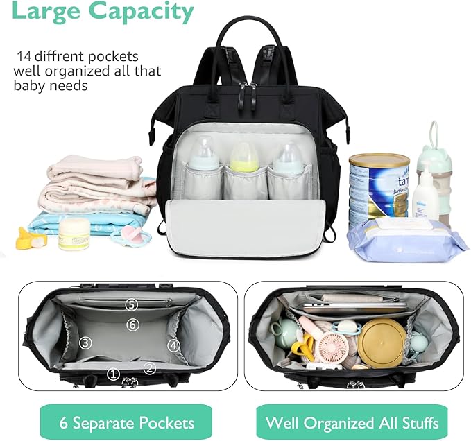 LORADI Large Diaper Bag Tote, 14 Pockets Stylish Baby Bag with Stroller Clips and 3 Insulated Pockets, Baby Shower Essentials